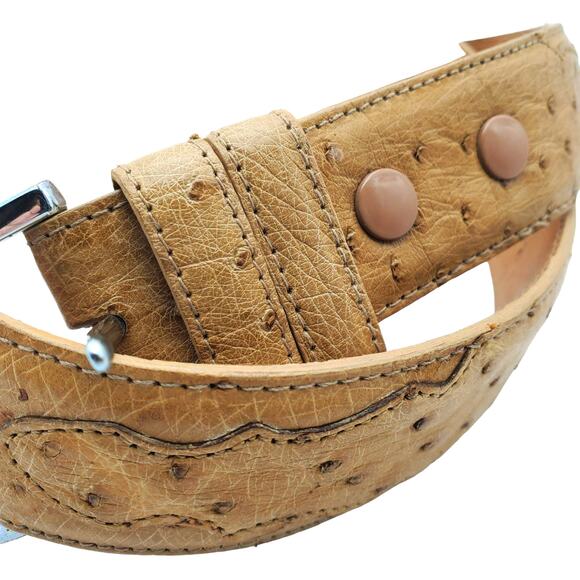 Nocona Tan Ostrich Pattern Leather Belt Western Boho Size 30 Silver Tone Buckle - Picture 4 of 9